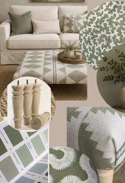 Interior styling mood board with sage fabrics, wooden furniture legs and colour swatches